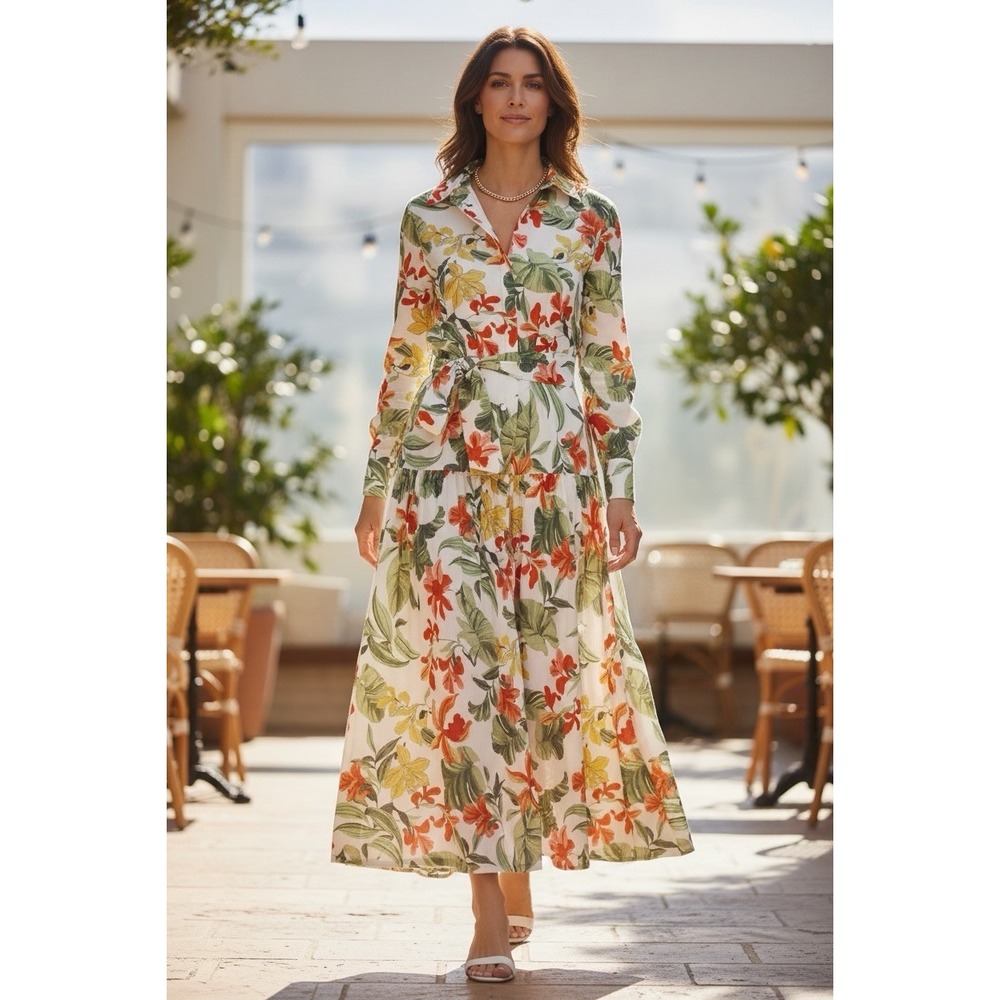 Chicos Size US 4 Silk Blend Orchid Tropical Print Shirt Dress 8 Botanical Resort